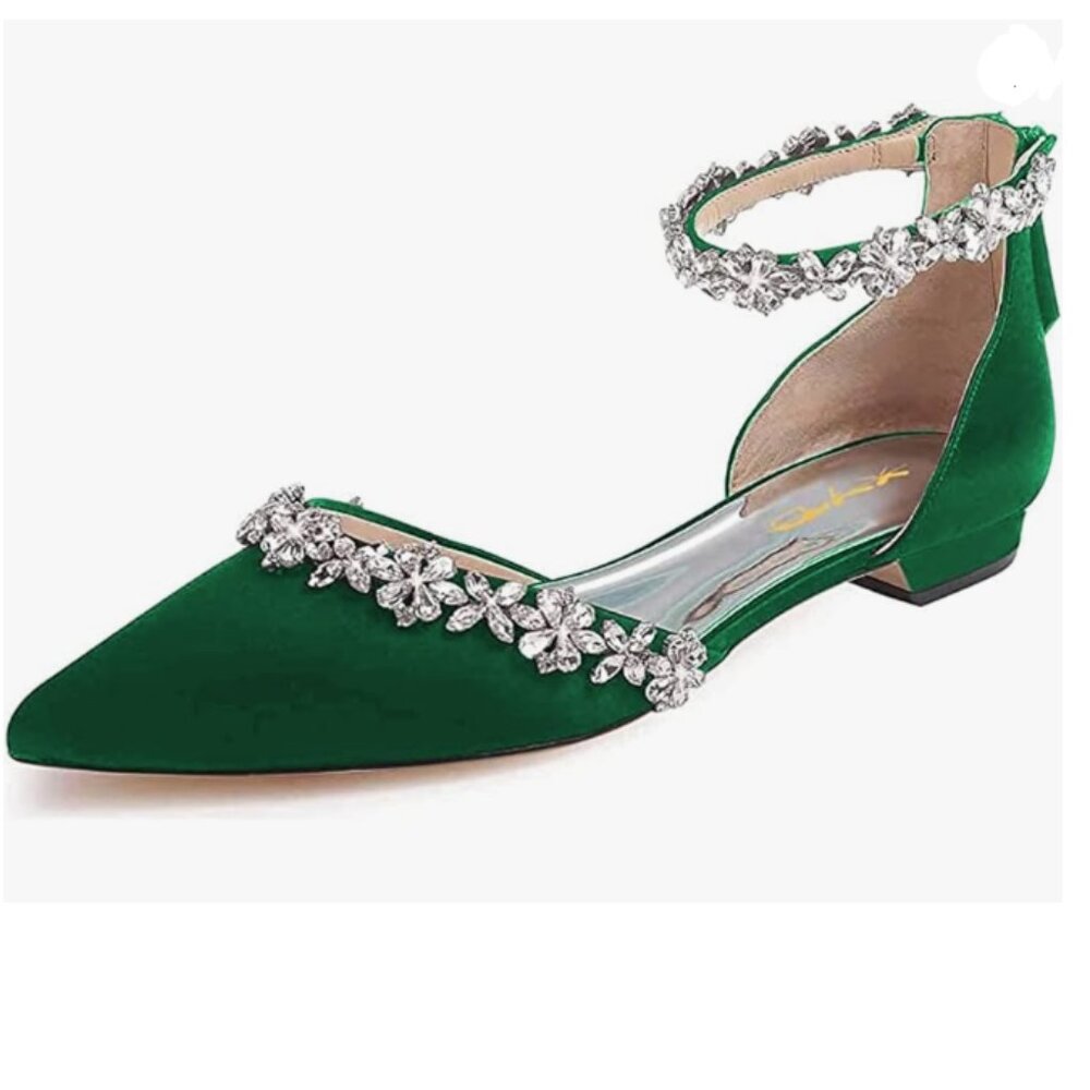 XYD Green Pointed Toe D'Orsay Wedding Sparkly Rhinestones Ankle Strap Sandal